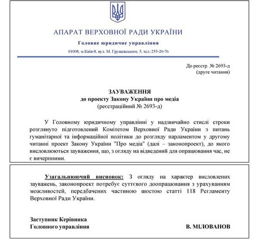 Парламентські юристи розкритикували законопроєкт «Про медіа» 1