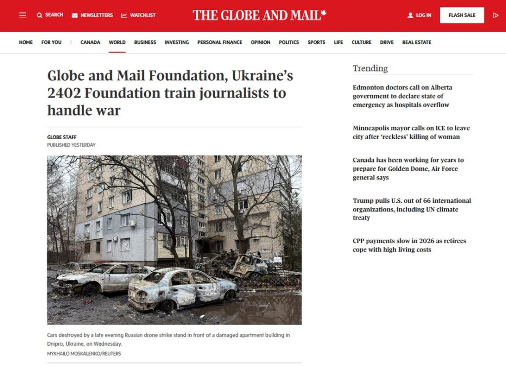 Фонд канадської «Globe and Mail» і українська «2402 Foundation» навчають журналістів роботі у воєнних умовах