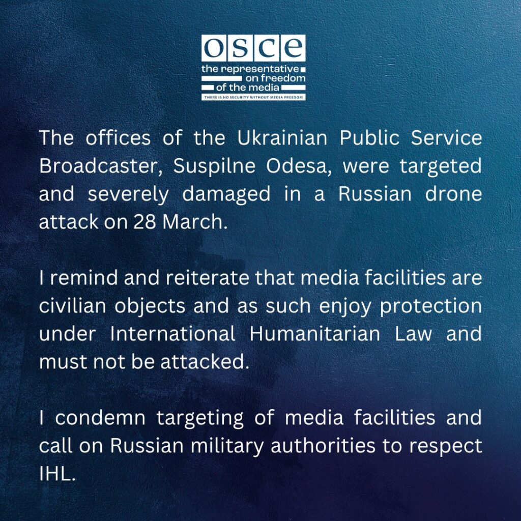 ОБСЄ засудило удар по Суспільному Одеса: медіаоб'єкти захищені міжнародним гуманітарним правом 19 ОБСЄ засудило удар по Суспільному Одеса: медіаоб'єкти захищені міжнародним гуманітарним правом 2